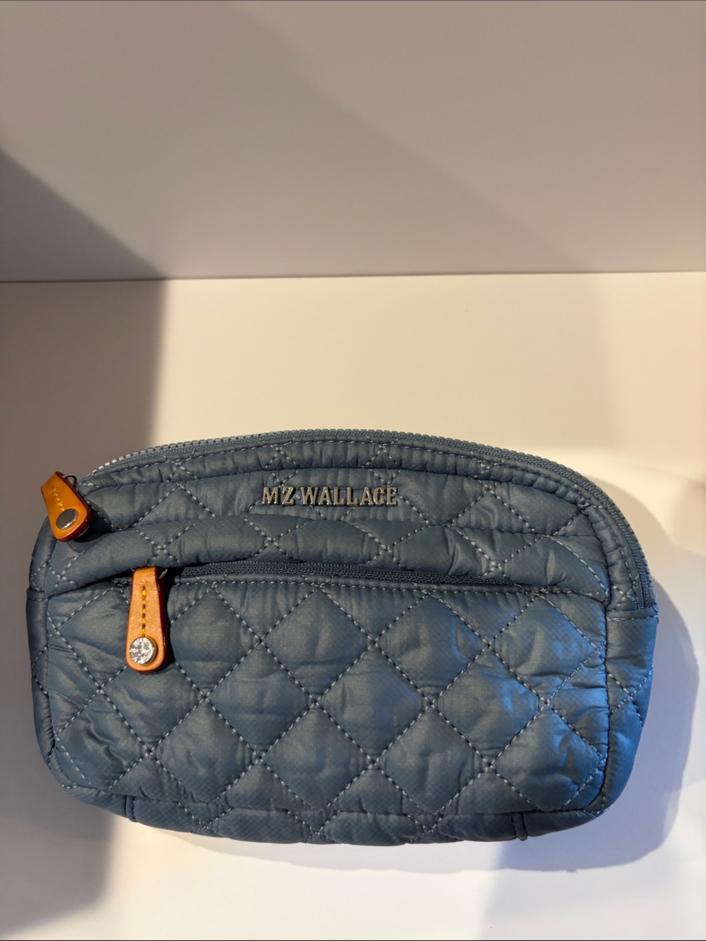MZ Wallace Quilted Slate Blue Cosmetic Pouch with Tan Accents